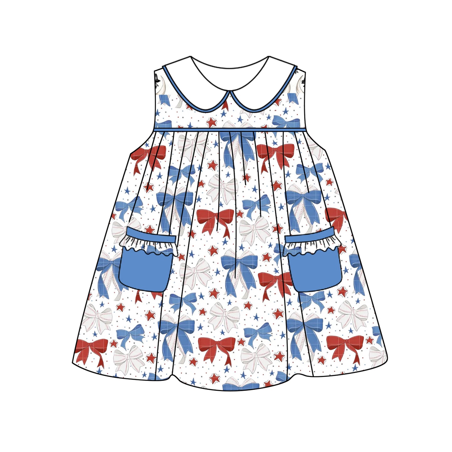 Baby Girls 4th Of July Blue Red Bows Sleeveless Knee Length Dresses preorder
