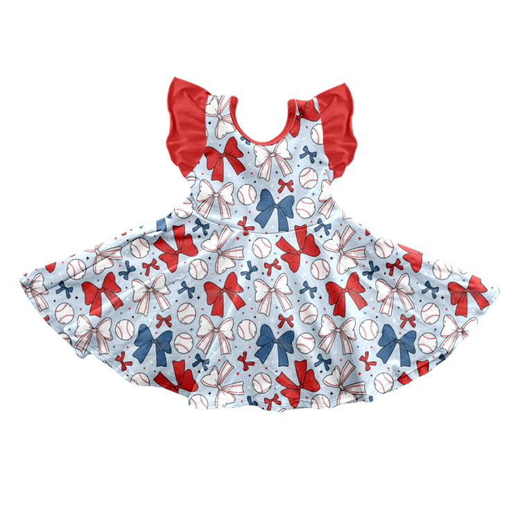 Baby Girls Baseball Bows Flutter Sleeve Twirl Dresses preorder