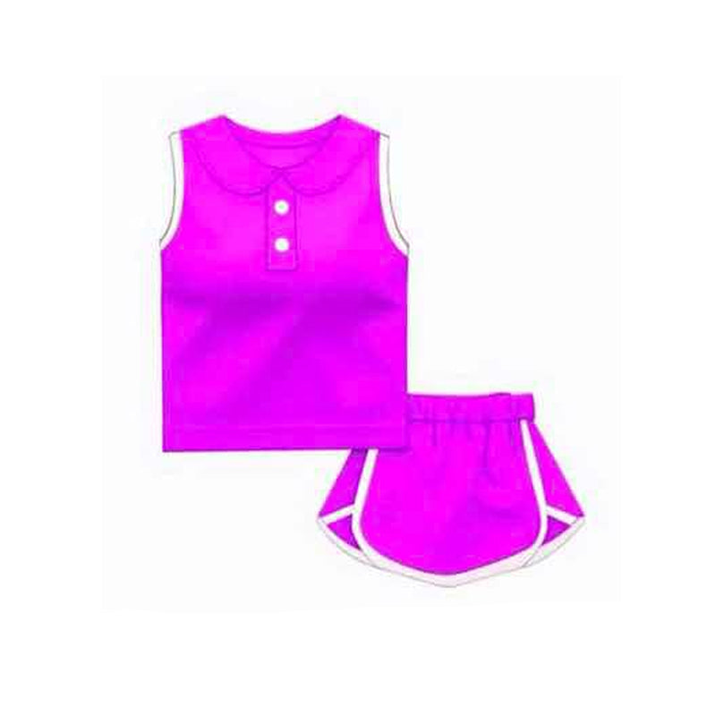 Preorder moq 5 Baby Girls Rose Red Sleeveless Button Vest Top Shorts Cotton Clothes Sets