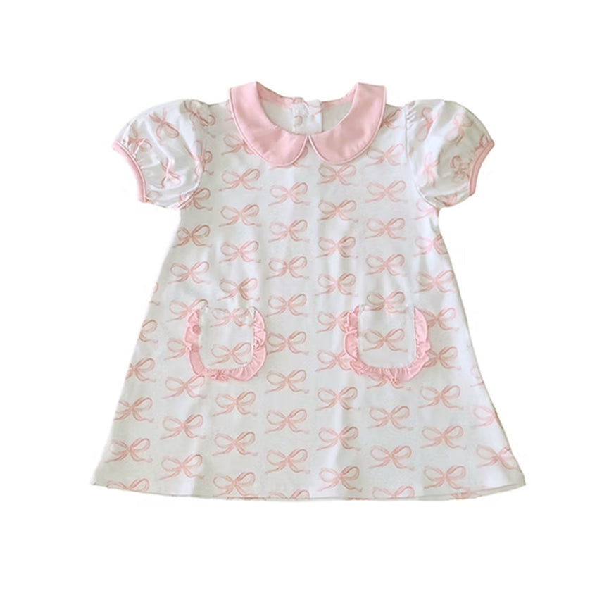 Preorder moq 5 Baby Girls Pink Short Ruffle Sleeves Bows Pockets Dress