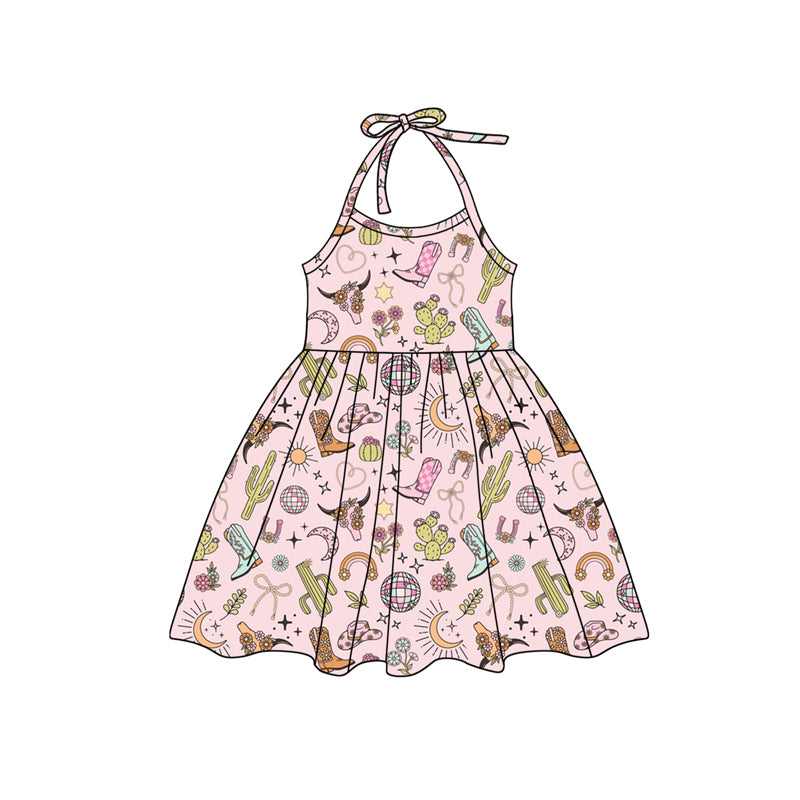 Baby Girls Pink Strap Cactus Boots Bull Skull Knee Length Dress Preorder