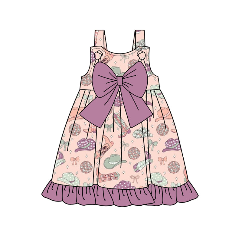 Baby Girls Pink Strap Boots Hats Purple Bow Top Knee Length Dress Preorder