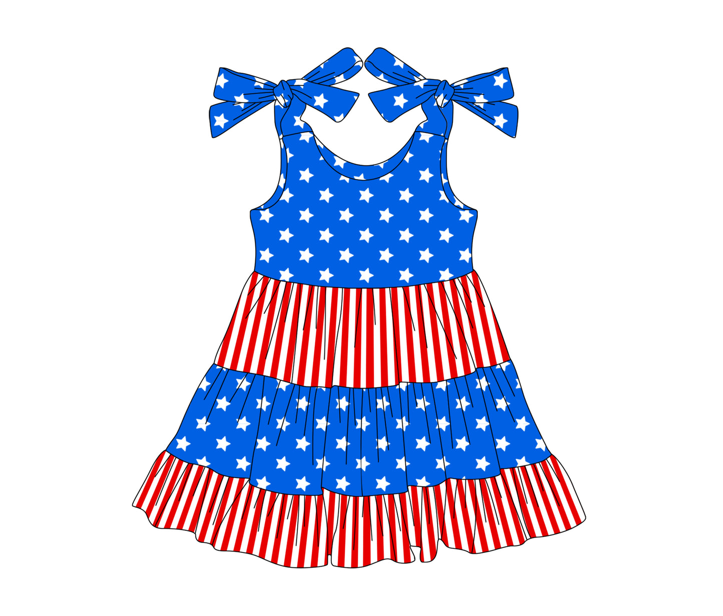 Baby Girls Bows Strap Blue Stars Red Stripe Patchwork 4th Of July Knee Length Dresses preorder