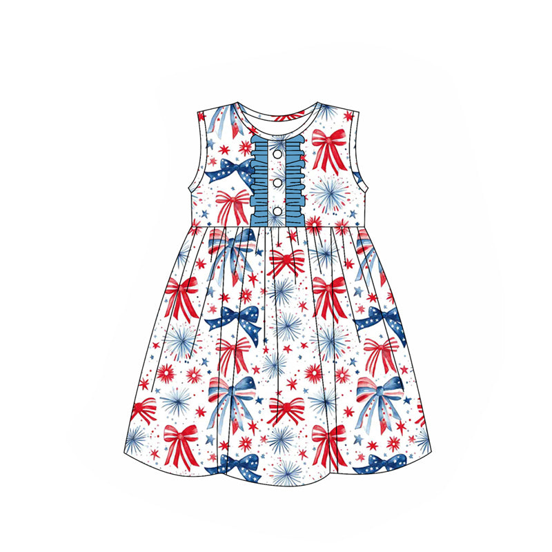 Baby Girls Sleeveless Butter Blue Red Bows Fireworks 4th Of July Knee Length Dresses preorder