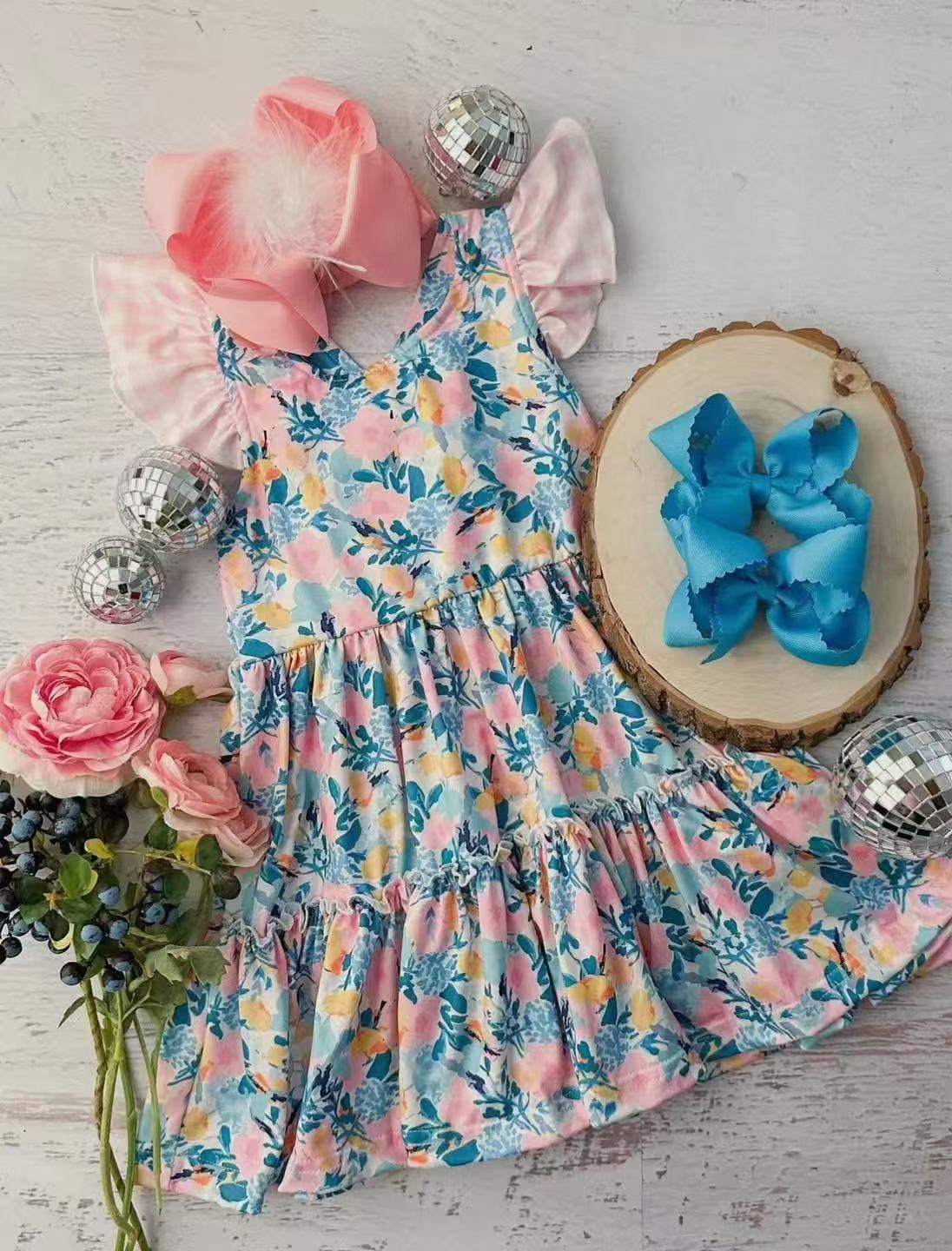 Baby Girls Blue Sleeveless Floral Patchwork Knee Length Dresses Preorder