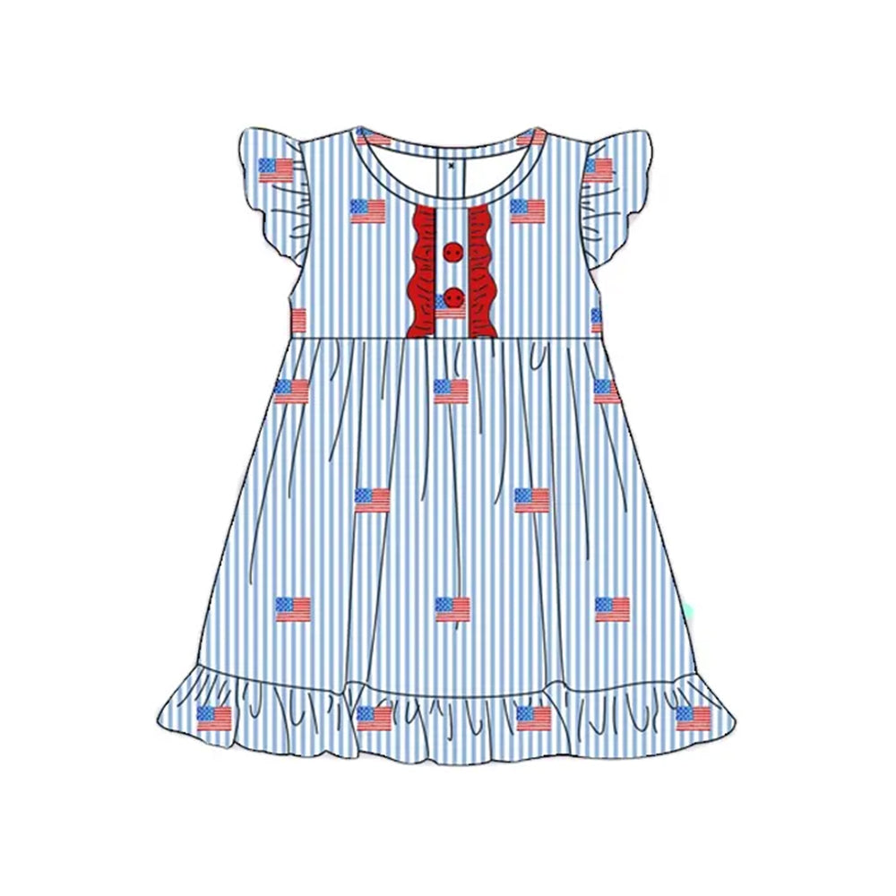 Baby Girls Stripe Flutter Sleeves Button Flags 4th Of July Knee Length Dresses Preorder
