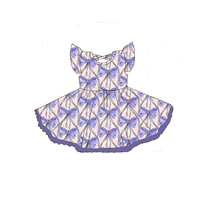 Baby Girls Flutter Sleeves Purple Bows Knee Length Dresses Preorder