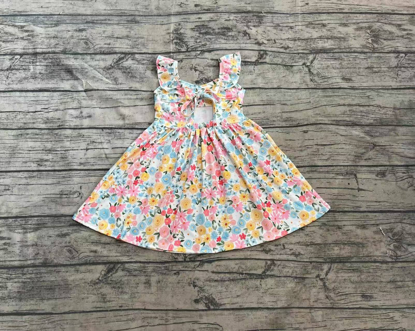 Baby Girls Flutter Sleeves Yellow Floral Backless Bow Knee Length Dresses