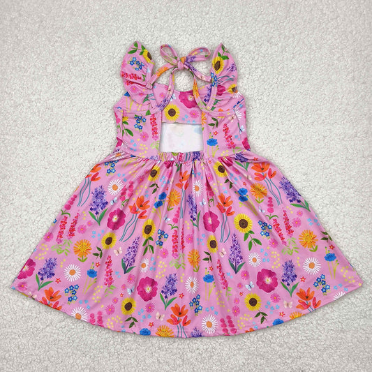 Baby Girls Pink Floral Backless Bow Knee Length Dresses