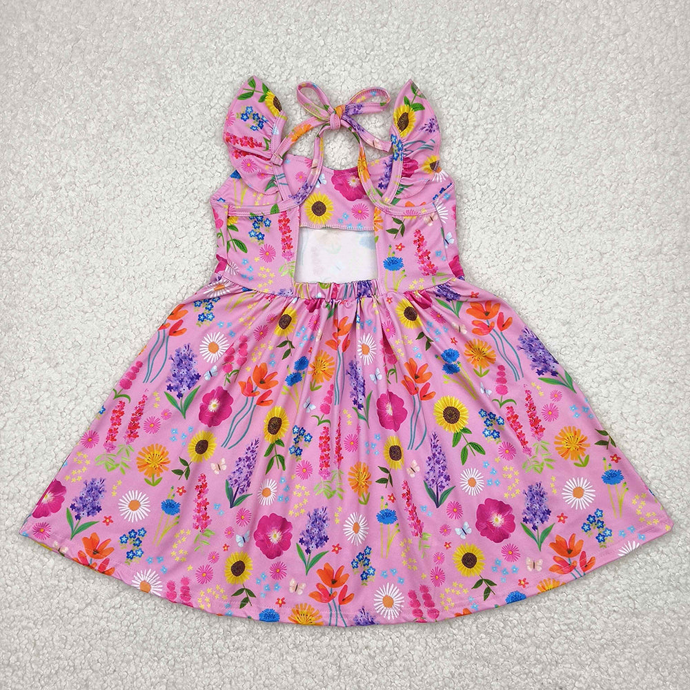 Sibling Baby Girls Flutter Sleeves Floral Backless Bow Knee Length Dresses