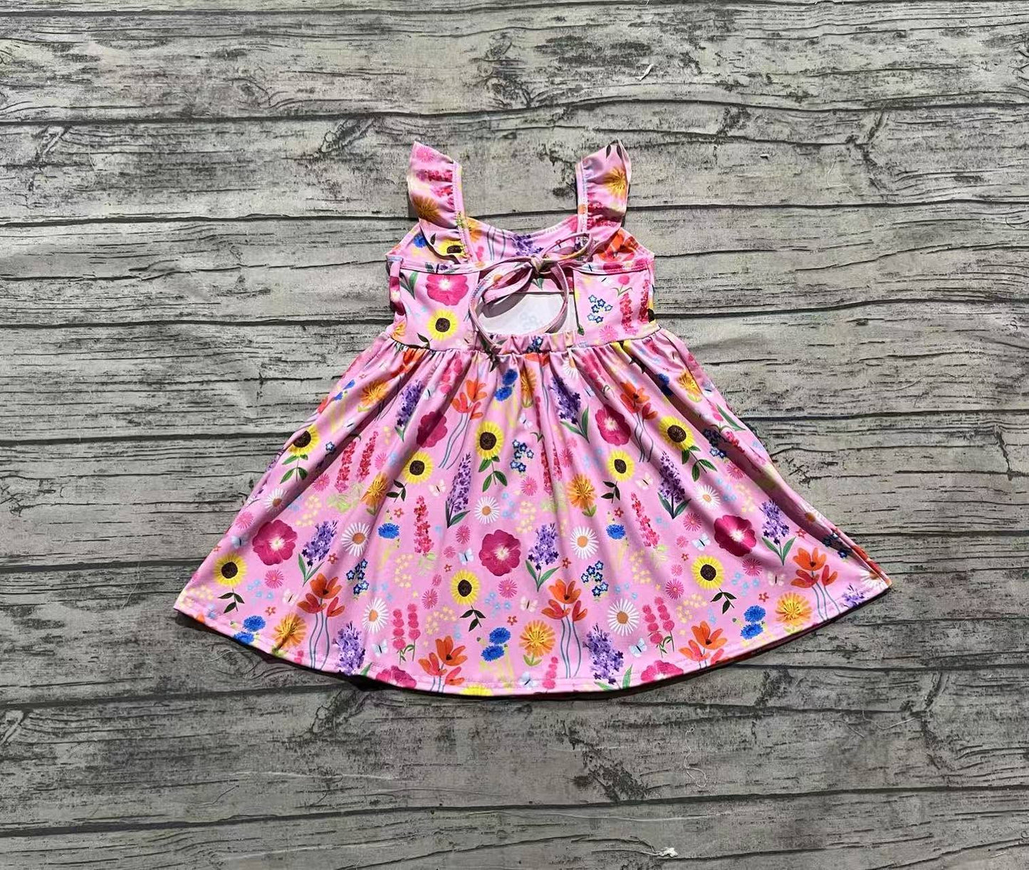 Baby Girls Pink Floral Backless Bow Knee Length Dresses