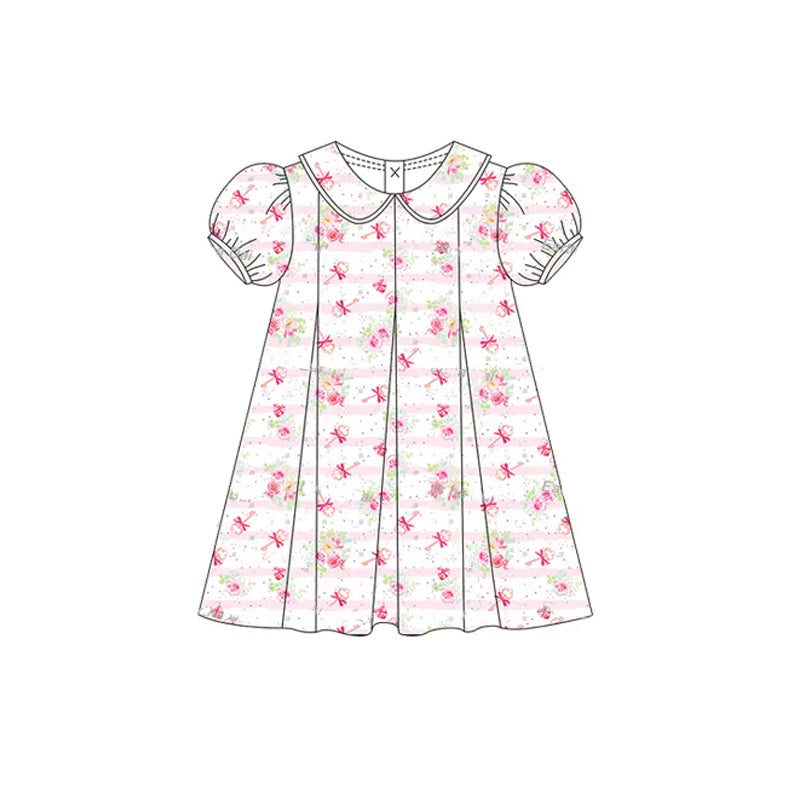 Baby Girls Short Ruffle Sleeves Pink Stripe Floral Knee Length Dresses Preorder