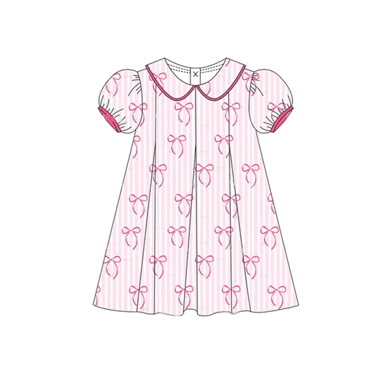 Baby Girls Short Ruffle Sleeves Pink Stripe Bows Knee Length Dresses Preorder