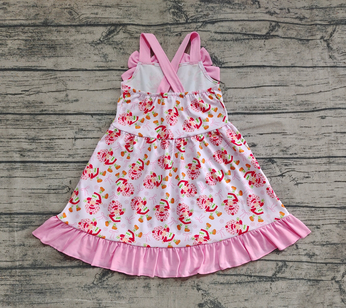Baby Girls Pink Strap Bows Strawberry Floral Knee Length Dresses
