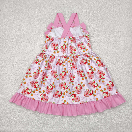 Baby Girls Pink Strap Bows Strawberry Floral Knee Length Dresses