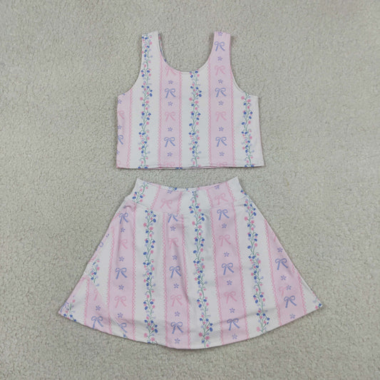 Baby Girls Sleeveless Bows Flowers Stripe Vest Skirt Short Yoga Active Clothes Set