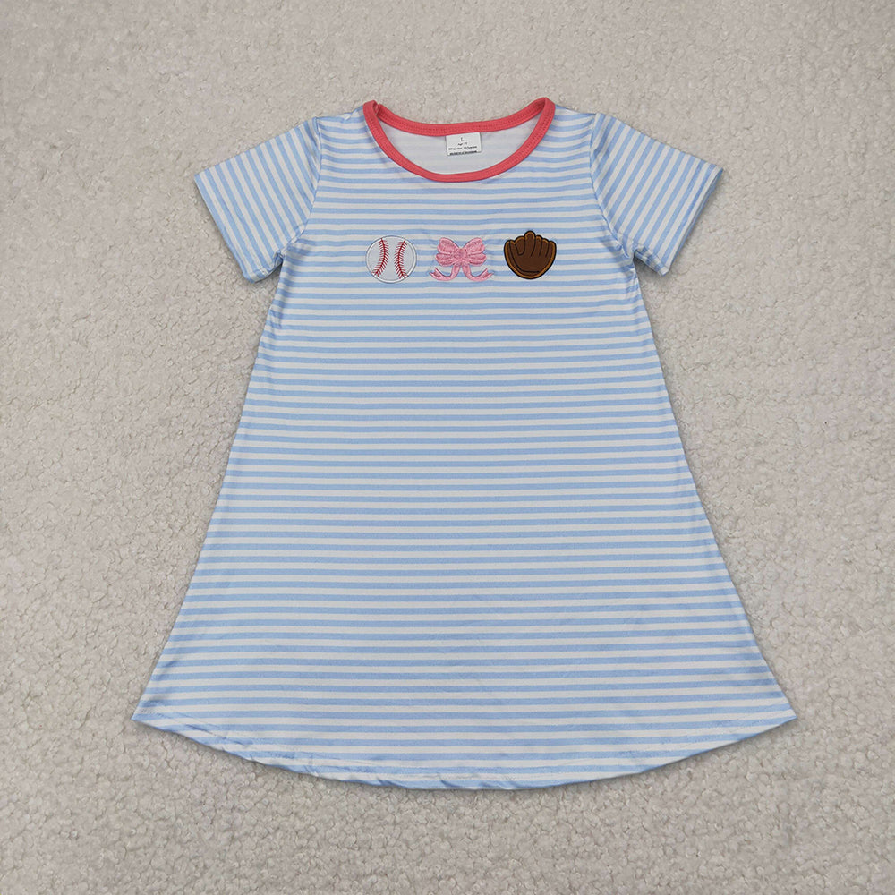 Embroidery Baby Girls Light Blue Stripe Bows Baseball Knee Length Dresses