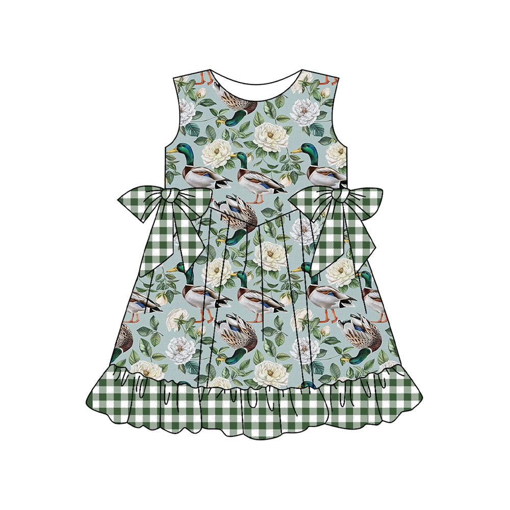 Baby Girls Green Sleeveless Floral Ducks Plaid Bows Knee Length Dresses Preorder