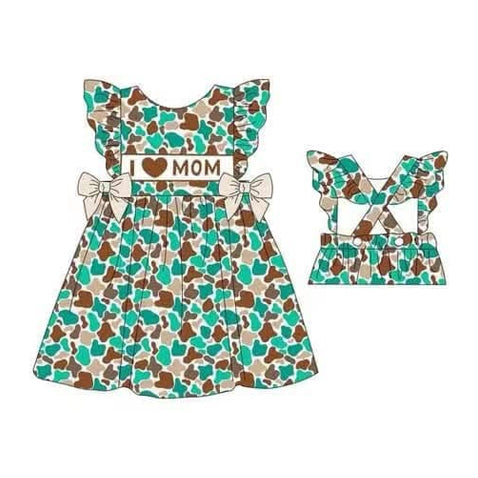 Baby Girls Flutter Sleeves Colorful Camo I LOVE MOM Knee Length Dresses Preorder