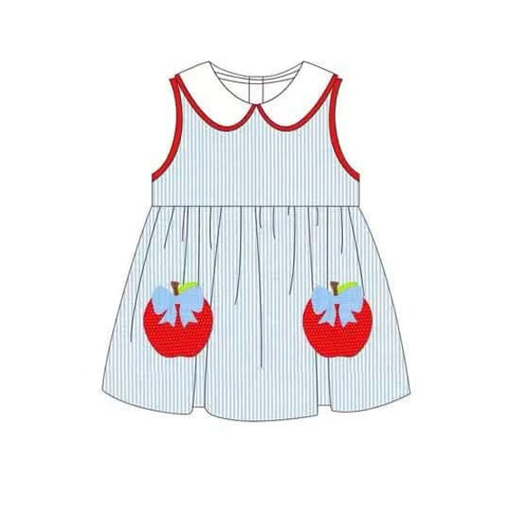 Baby Girls Sleeveless Blue Stripe Bows Apples Knee Length Dresses Preorder