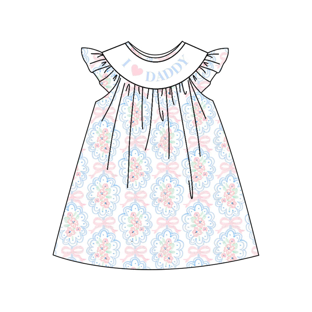 Preorder moq 5 Baby Girls Flutter Sleeves Pink Bows Floral I LOVE DADDY Knee Length Dress