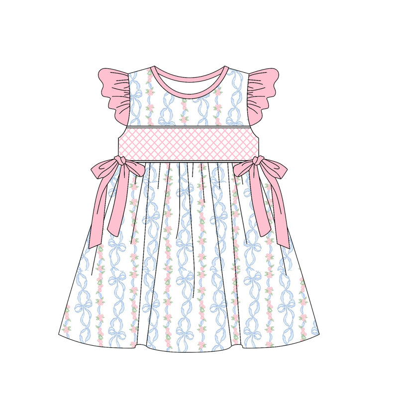 Baby Girls Pink Flutter Sleeves Bows Floral Stripe Knee Length Dresses Preorder