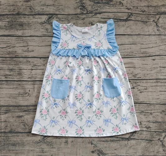 Baby Girls Sleeveless Blue Bows Floral Pockets Top Knee Length Dresses