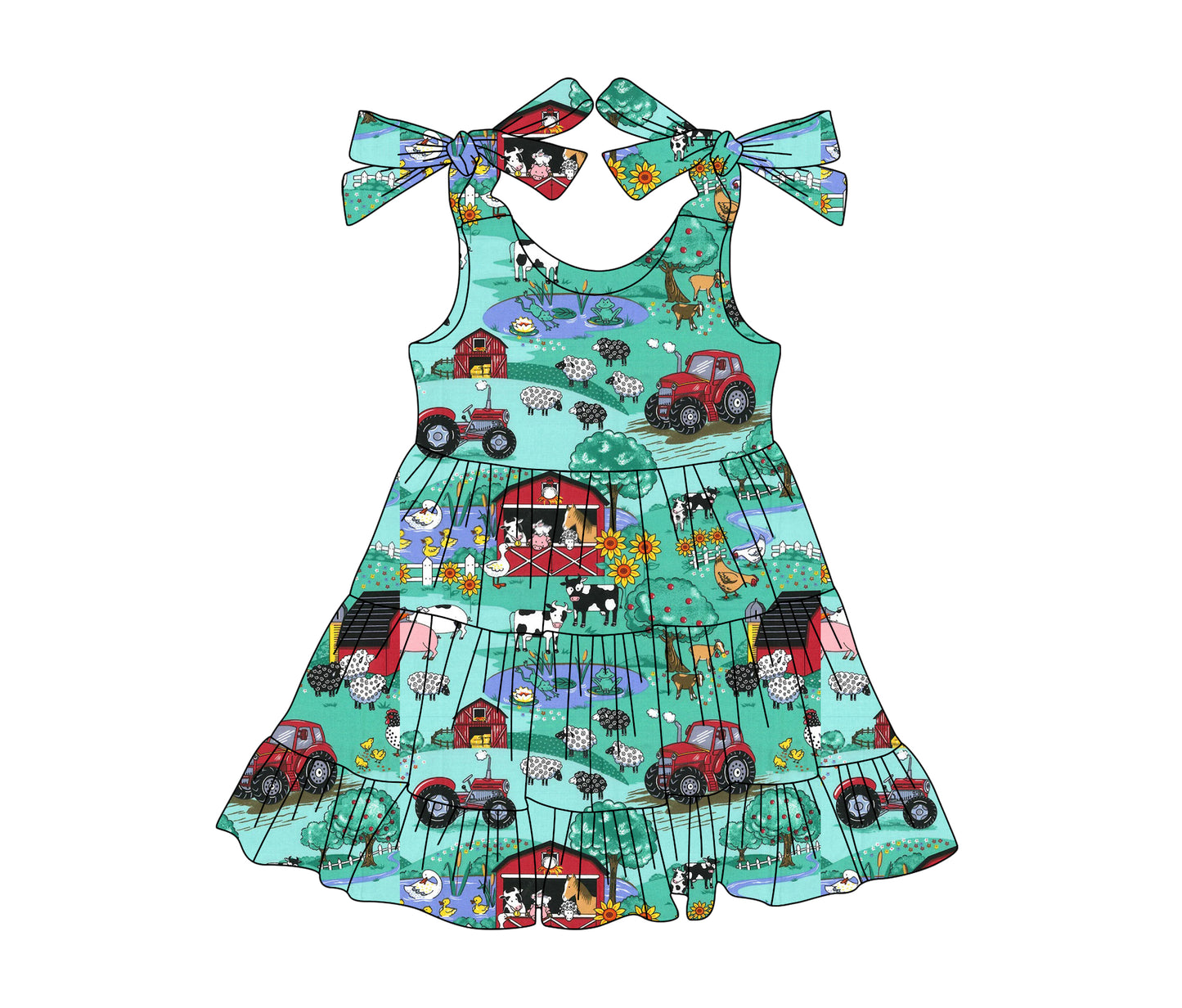 Baby Girls Green Strap Trucks Houses Cows Farm Knee Length Dresses Preorder