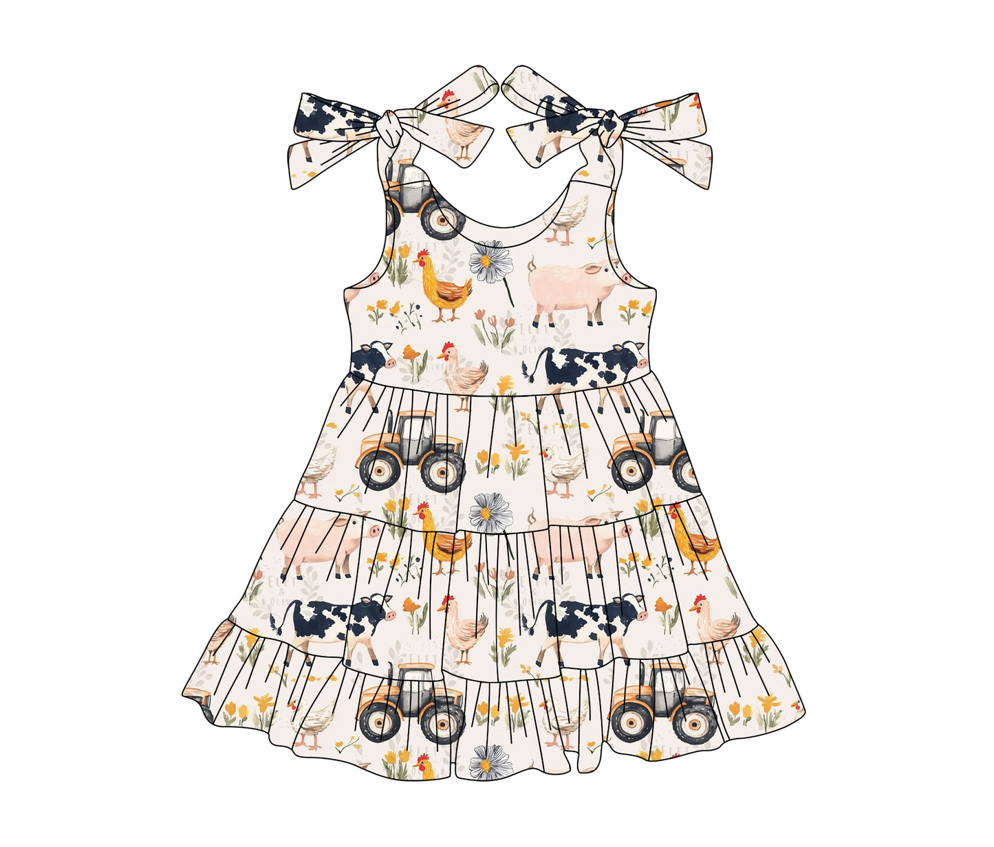 Baby Girls Pink Strap Trucks Chicks Cows Farm Knee Length Dresses Preorder
