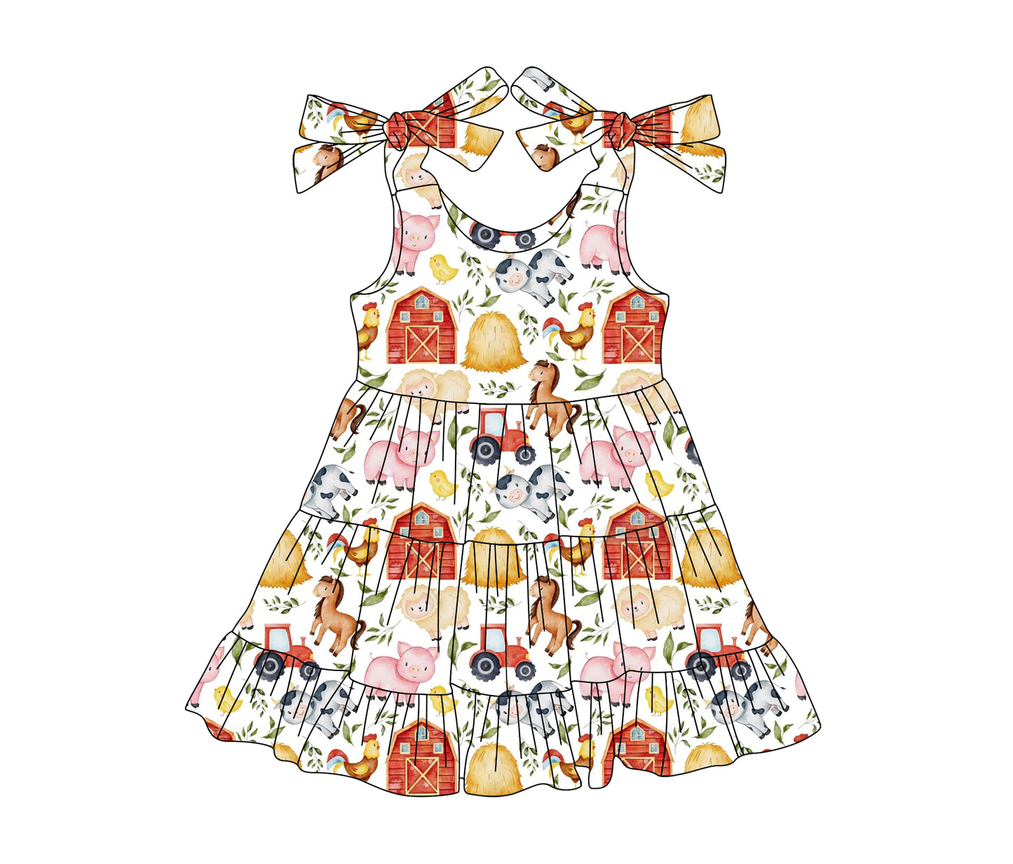 Baby Girls Red Strap Houses Pigs Cows Farm Knee Length Dresses Preorder