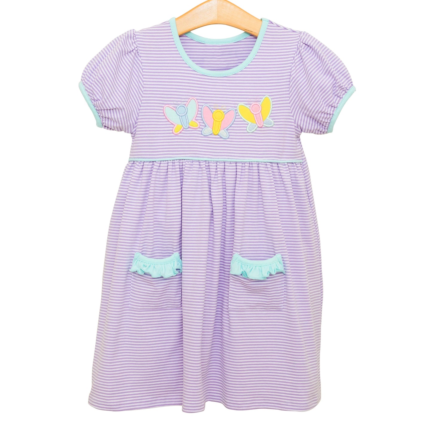 Baby Girls Lavender Short Ruffle Sleeves Stripe Butterfly Pockets Knee Length Dresses Preorder