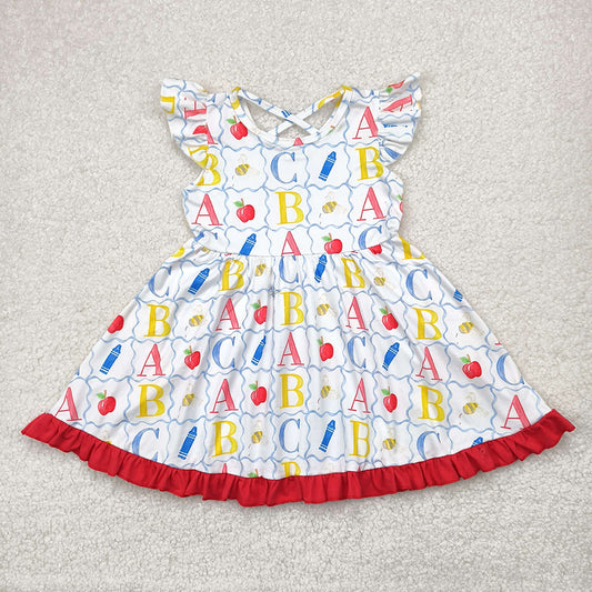 Baby Girls Flutter Sleeves Colorful Pencils Apples Knee Length Dresses