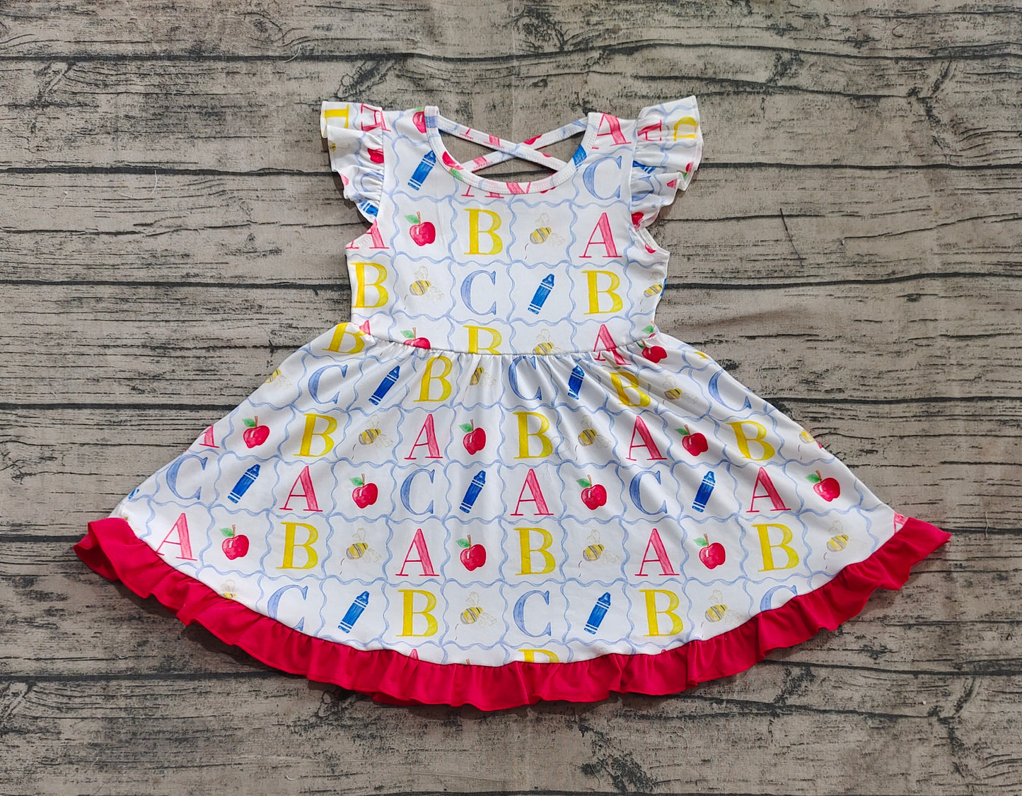 Baby Girls Flutter Sleeves Colorful Pencils Apples Knee Length Dresses