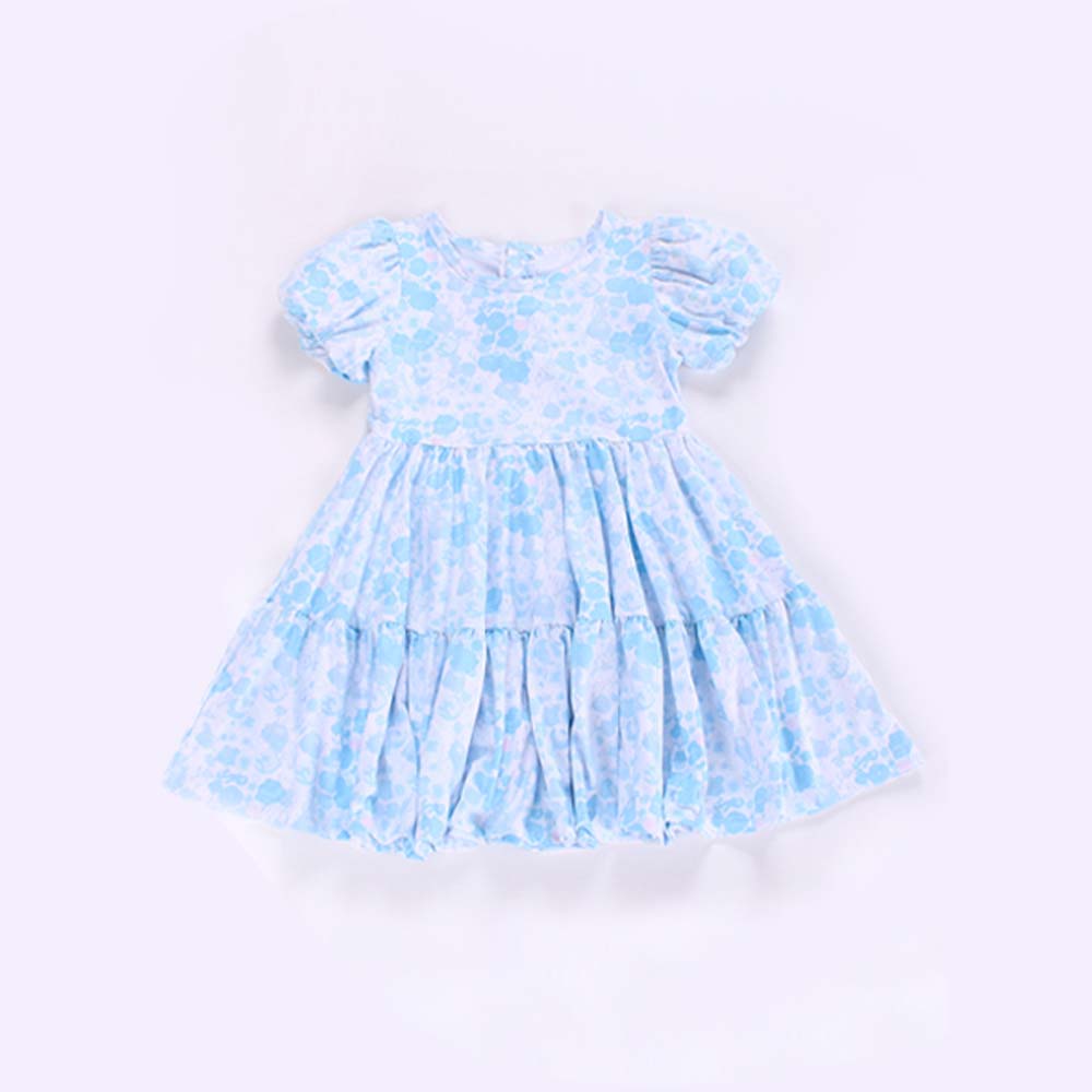 Baby Girls Blue Short Ruffle Sleeves Floral Patchwork Knee Length Dress Preorder