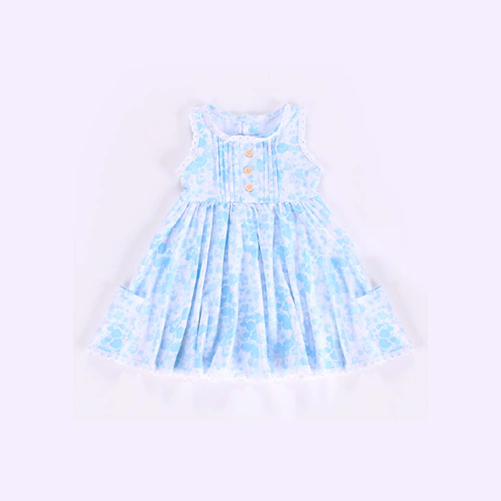 Baby Girls Blue Sleeveless Button Top Floral Pockets Knee Length Dress Preorder