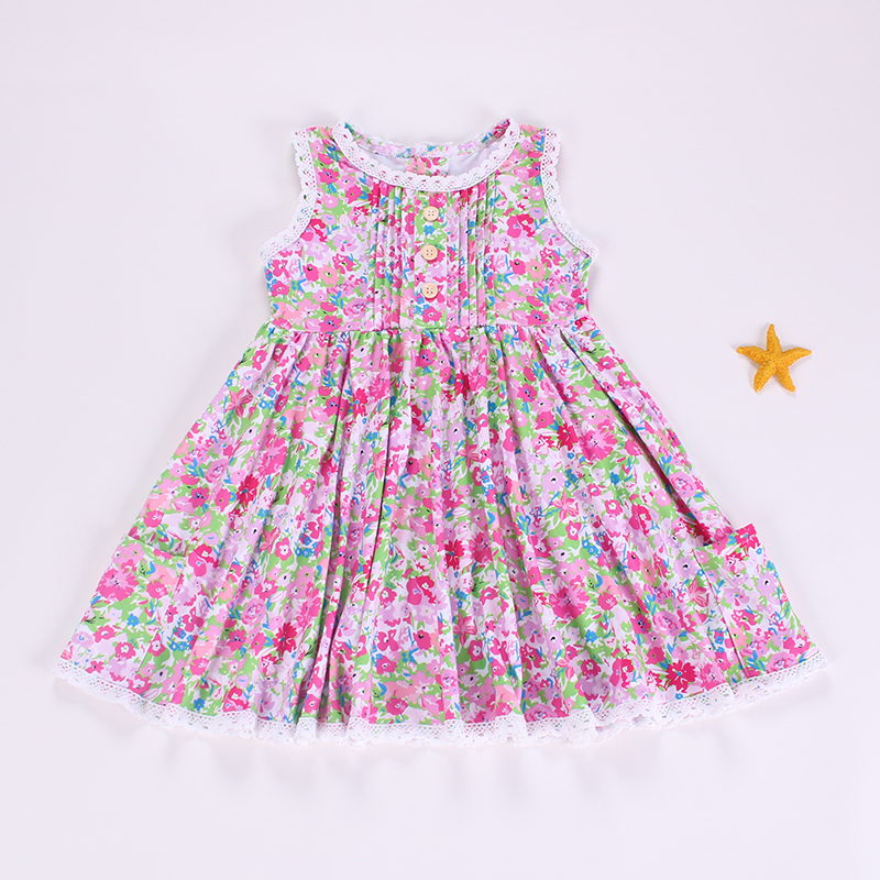 Baby Girls Pink Sleeveless Button Top Floral Pockets Knee Length Dress Preorder