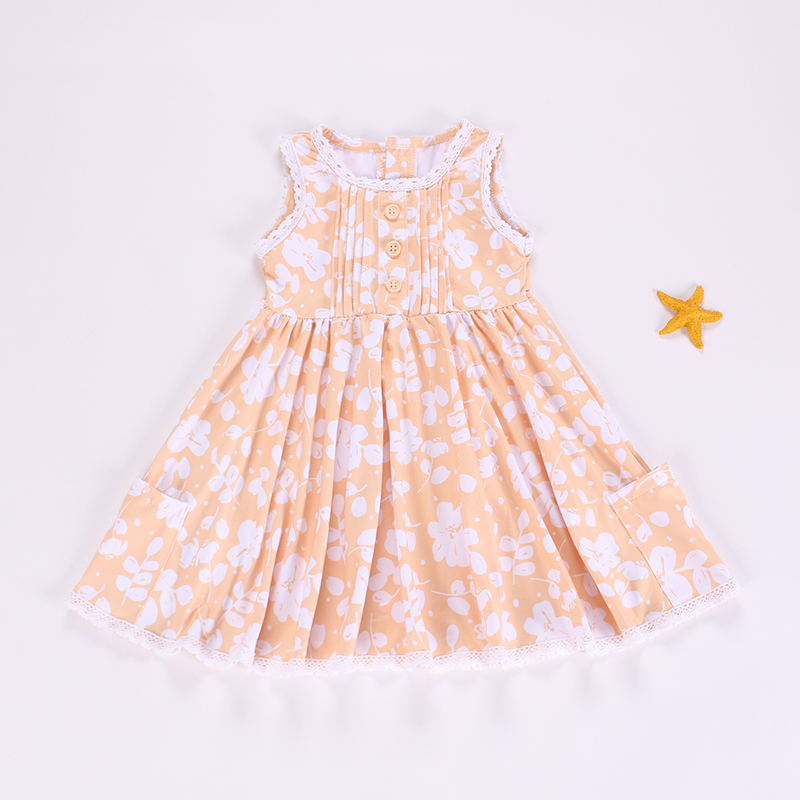 Baby Girls Peach Sleeveless Button Top Floral Pockets Knee Length Dress Preorder