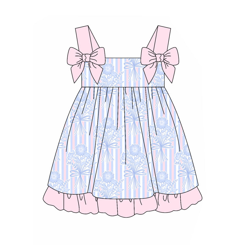 Baby Girls Pink Bows Strap Floral Knee Length Dress Preorder