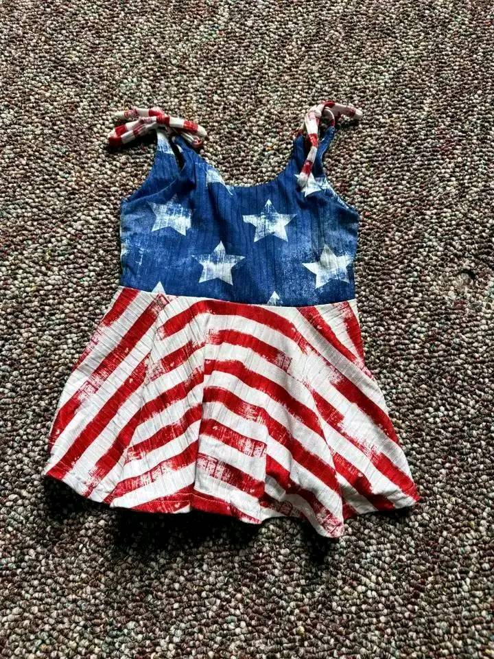 Baby Girls Bows Strap Blue Stars Red Stripe 4th Of July Dress Preorder