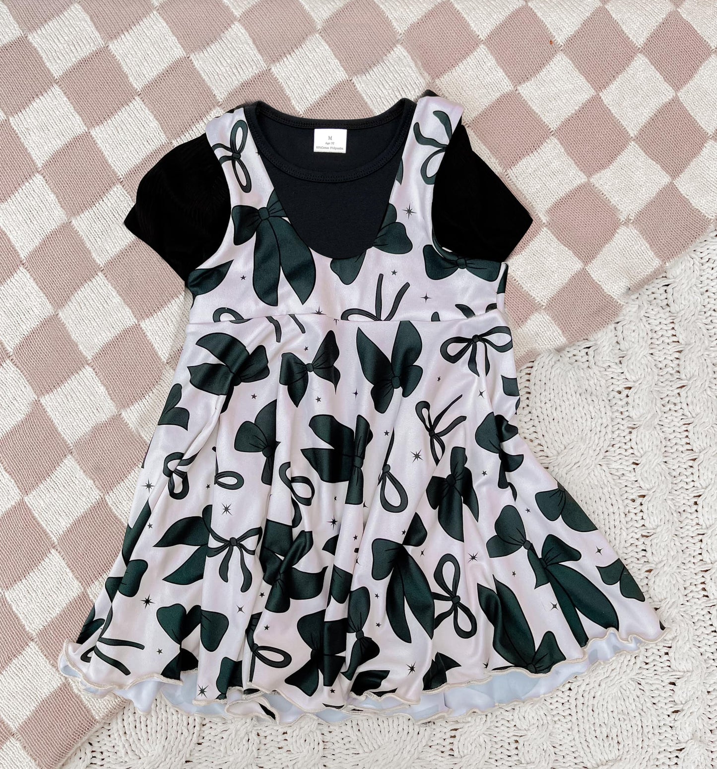 Baby Girls Black Short Sleeves Top Bows Stars Two Piece Knee Length Dress Preorder