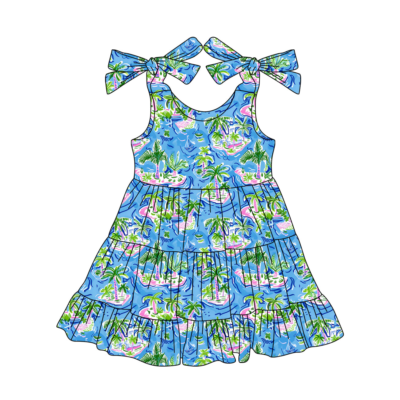 Preorder moq 5 Baby Girls Blue Bows Strap Beach Ruffle Knee Length Dresses
