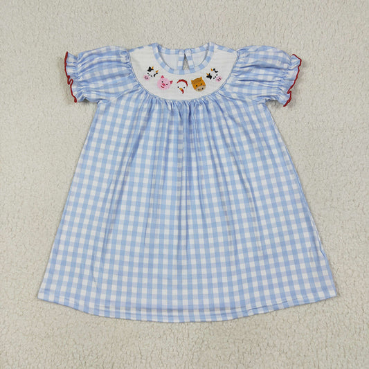 Sibling Baby Girls Blue Plaid Cows Pigs Farm Smocked Rompers Dresses