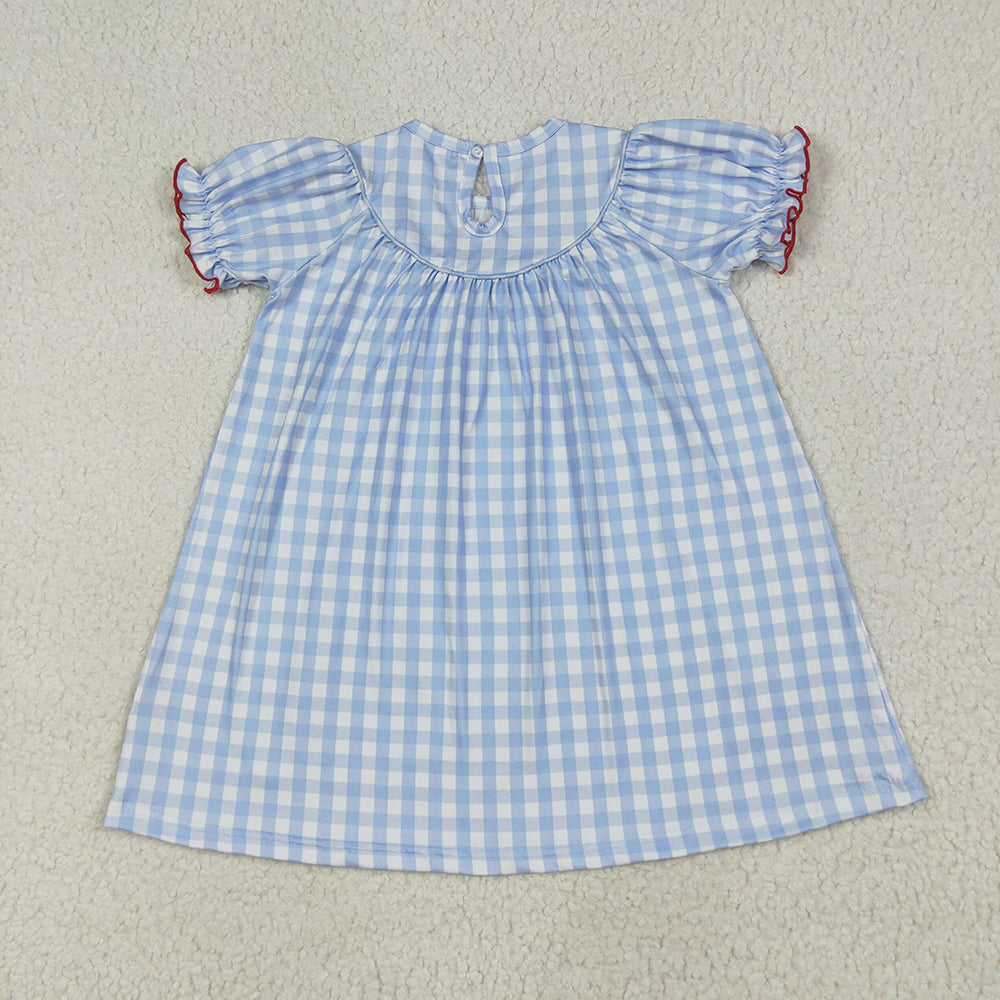 Baby Girls Blue Plaid Short Sleeves Cows Pigs Farm Smocked Knee Length Dresses
