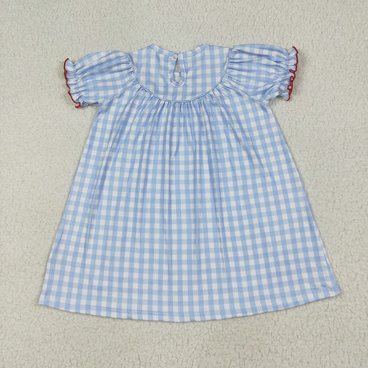 Baby Girls Blue Plaid Short Sleeves Cows Pigs Farm Smocked Knee Length Dresses