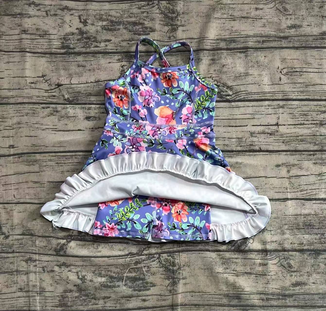 Baby Girls Purple Strap Floral Yoga Ruffle Knee Length Dresses