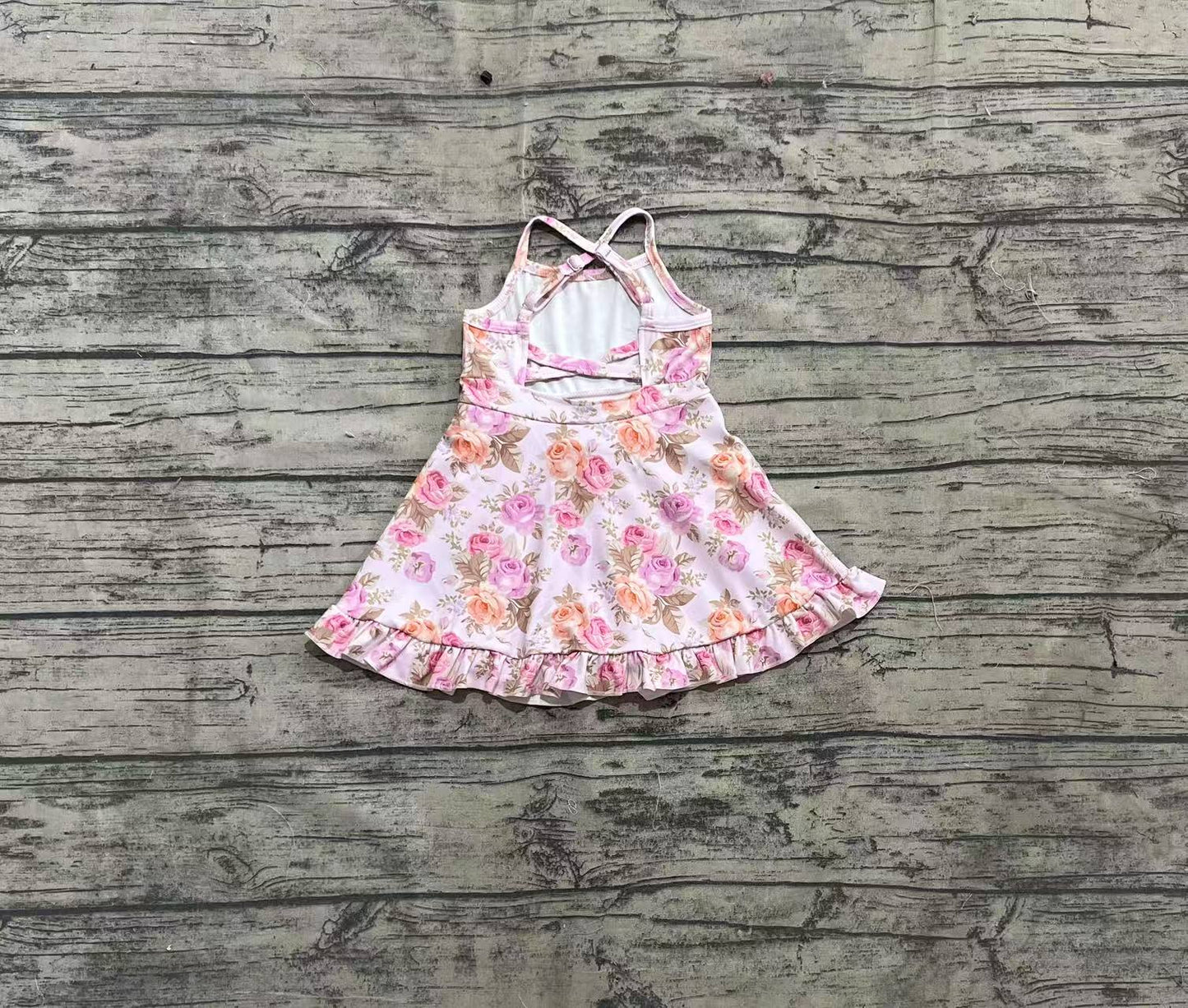 Baby Girls Peach Strap Floral Yoga Ruffle Knee Length Dresses