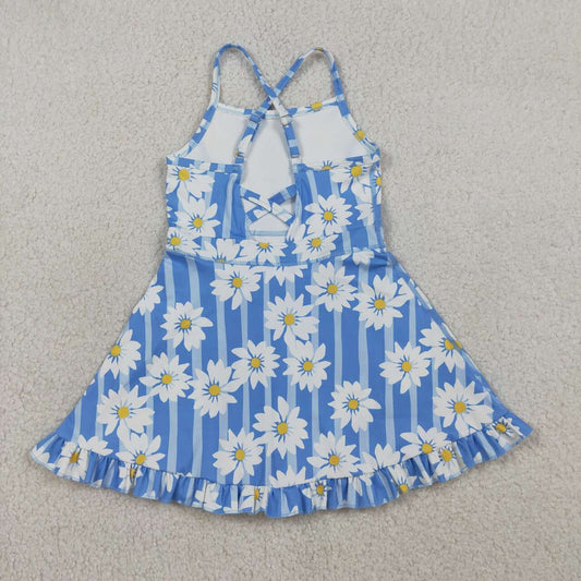 Baby Girls Blue Strap Stripe Floral Yoga Ruffle Knee Length Dresses