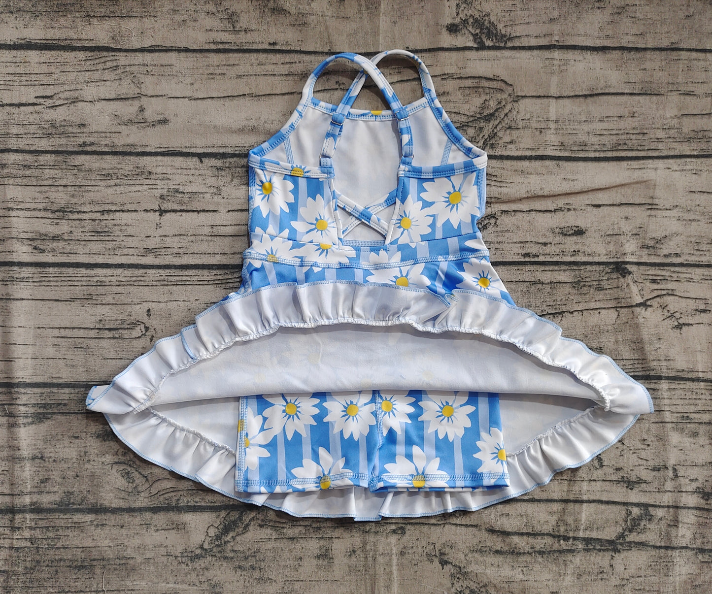 Baby Girls Blue Strap Stripe Floral Yoga Ruffle Knee Length Dresses