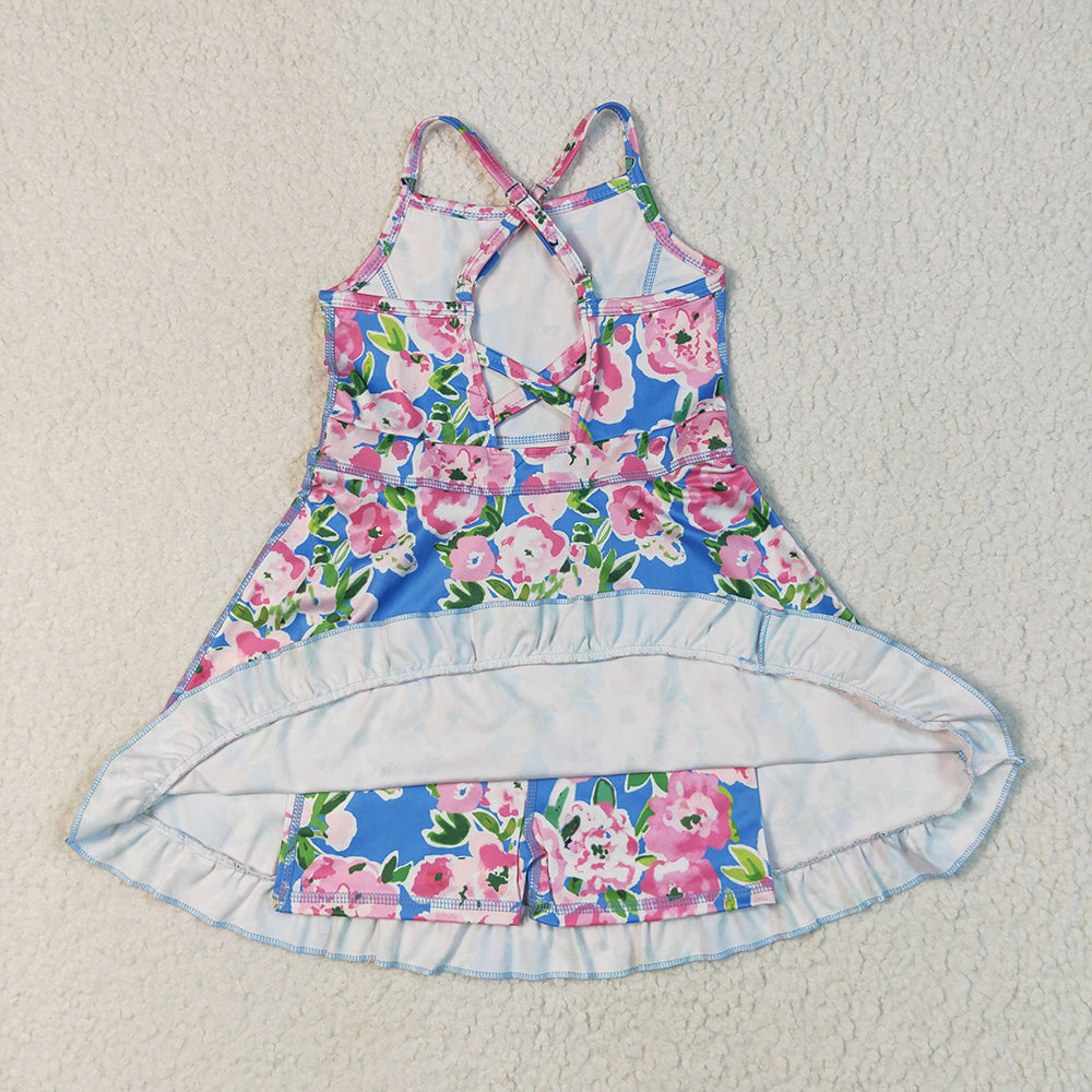 Baby Girls Blue Strap Colorful Floral Yoga Ruffle Knee Length Dresses