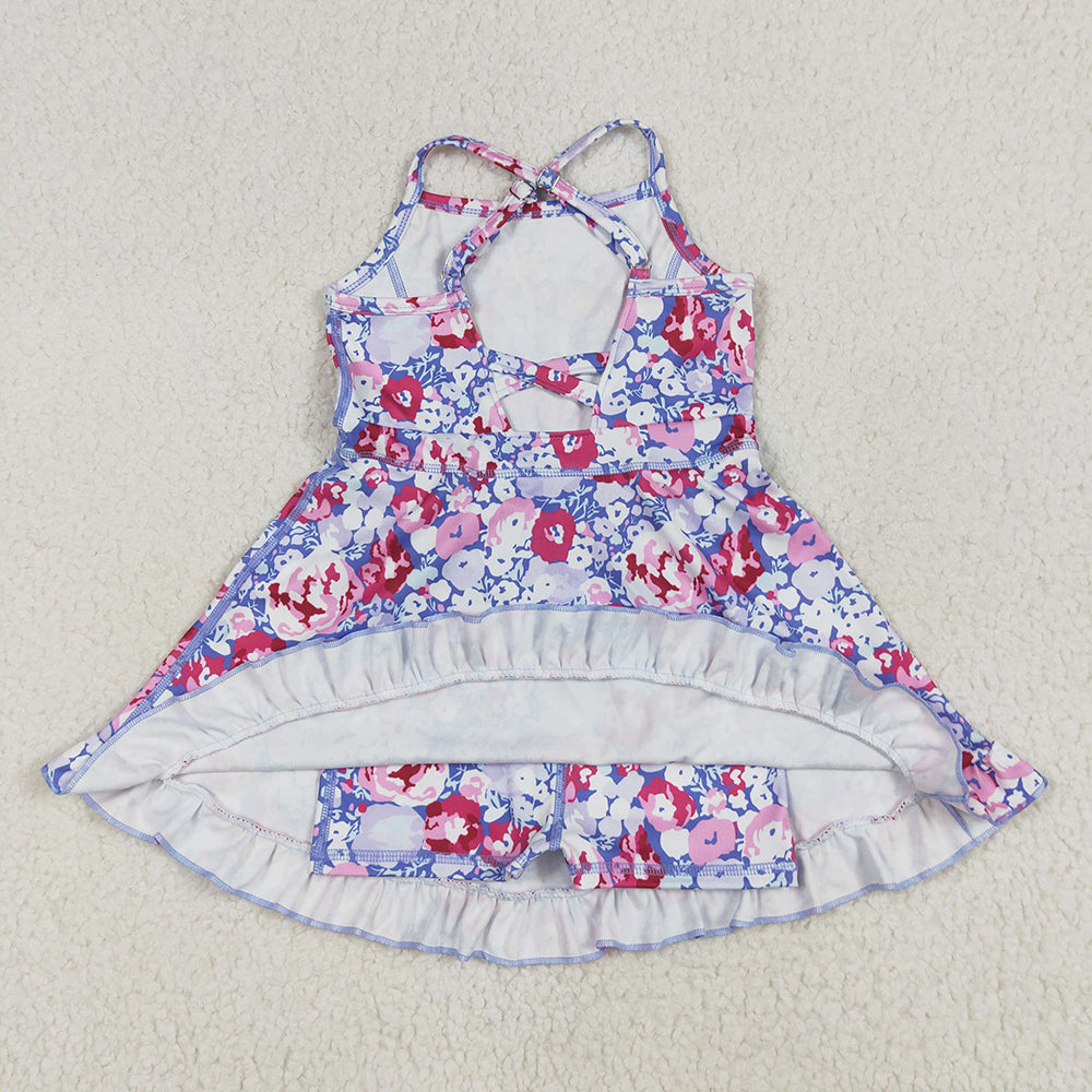 Baby Girls Lavender Strap Colorful Floral Yoga Ruffle Knee Length Dresses